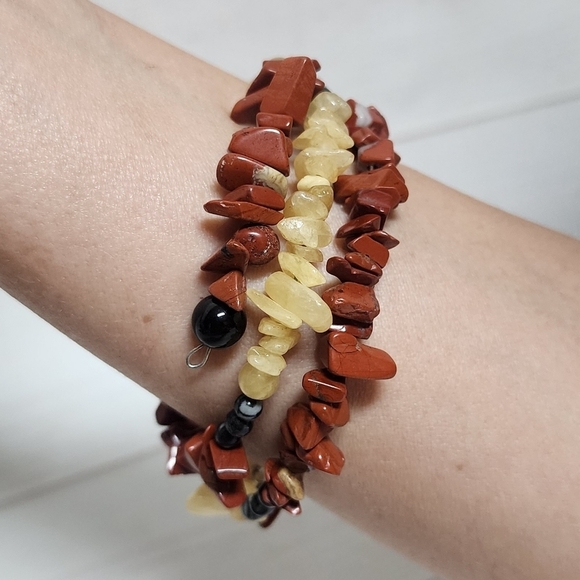 New Yellow Opal Gemstone and Red Jasper Coil Wrap Beaded Bracelet Handma… - Picture 1 of 7